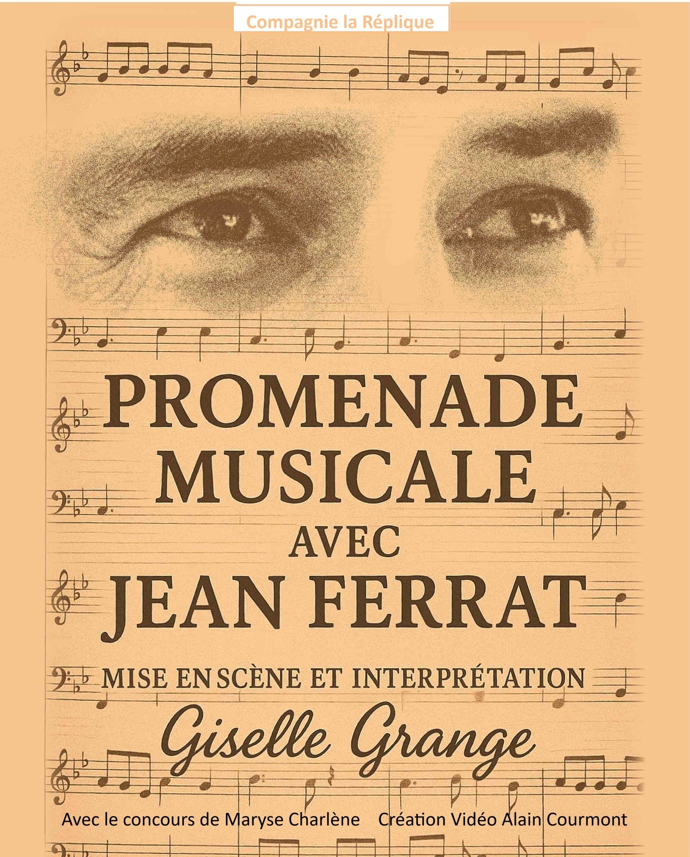 Culture : Affiche de la pièce de théâtre : Promenade avec Jean Ferrat de Giselle Grange par la Compagnie La Réplique, Dimanche 6 décembre à 16h, dans le cadre de la programmation théâtrale régulière donnée au château de Morin